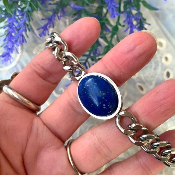 VTG Lapis Lazuli Cabochon 316L Stainless Steel Bracelet - Unisex - Picture 9 of 9